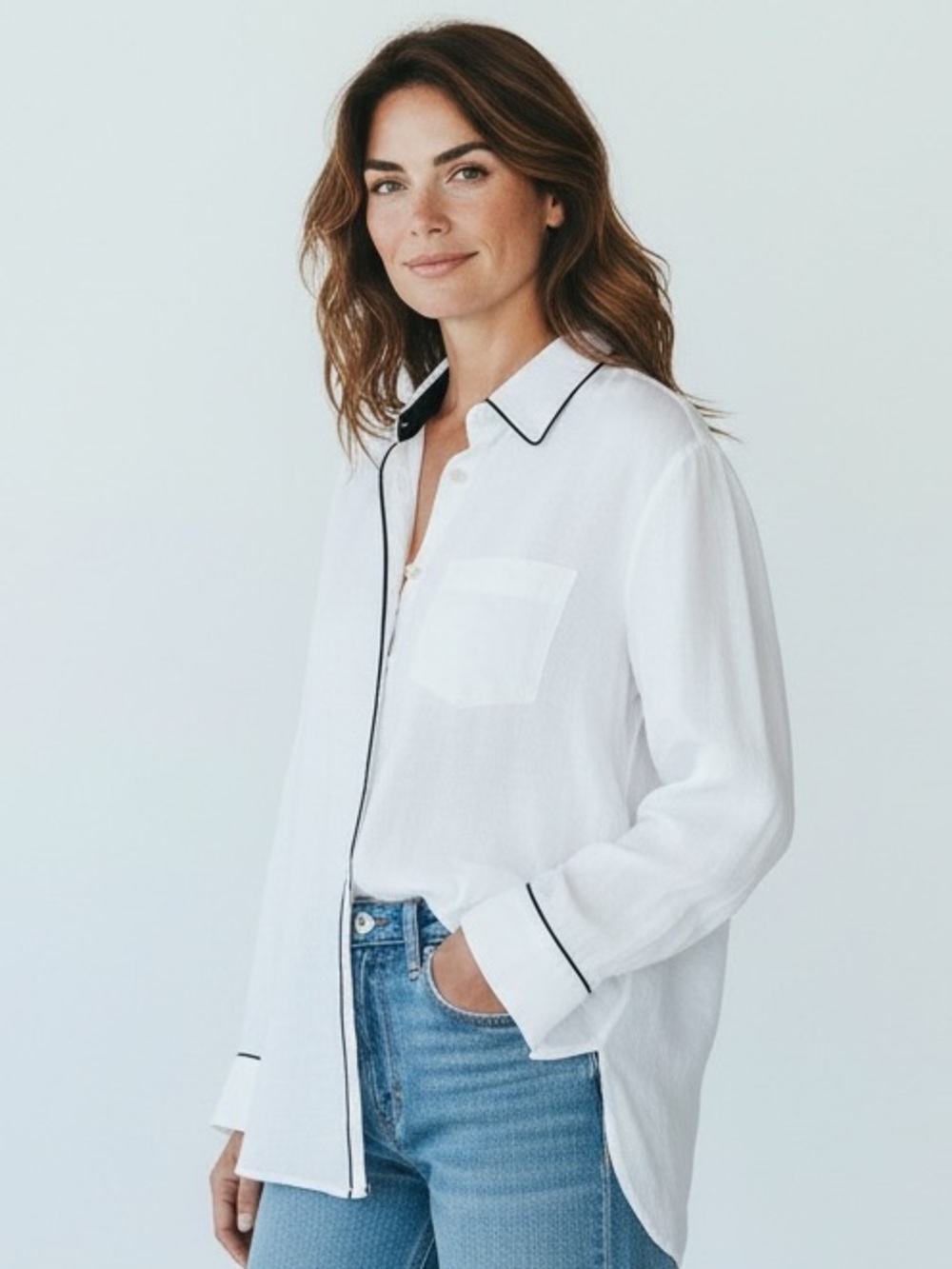 Lauren Ralph Lauren 100% Linen White Button-Down Shirt with Black Piping